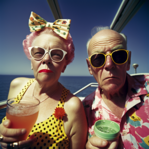 AI generated image of an older couple enjoying a cruise. 